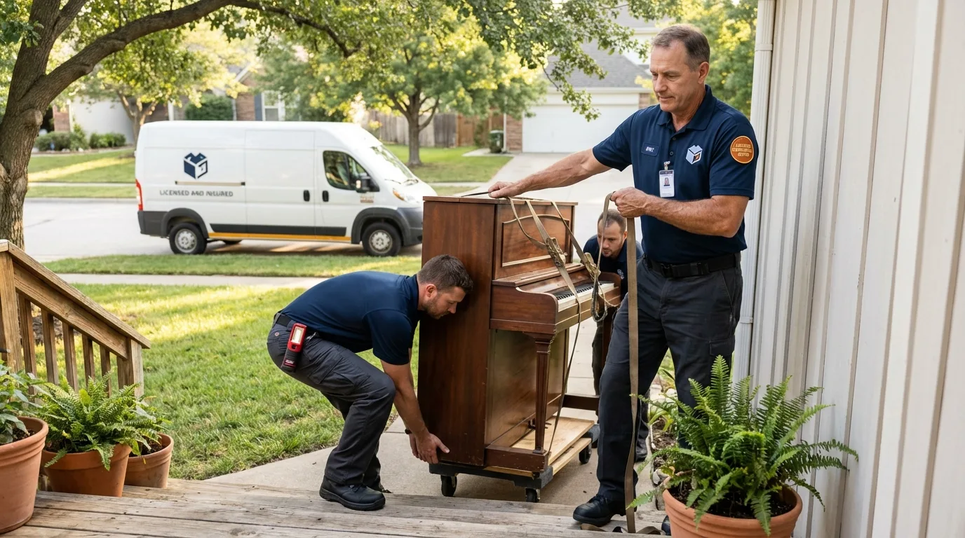 Licensed piano movers securing grand piano in Mabscott, WV