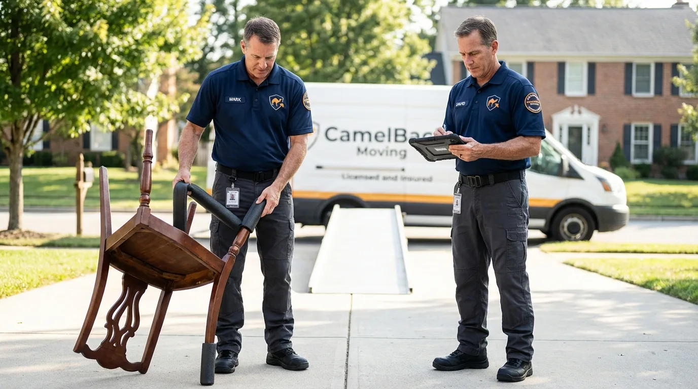 Movers inspecting furniture for damage prevention before loading in Mabscott, WV
