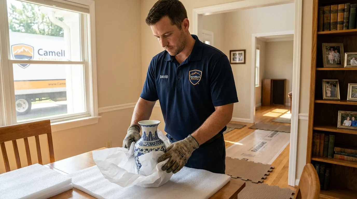 Professional crew carefully wrapping antique vase for senior downsizing move in Mabscott, WV